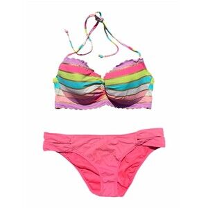 Victoria’s Secret Bikini Set 32D Multicolor Striped Halter Pink Swim Beach Y2K